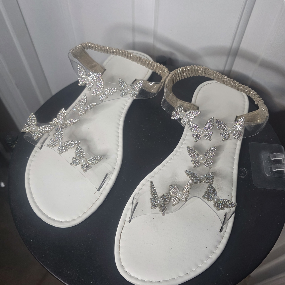 Rhinestone Butterfly White Flat Sandals
